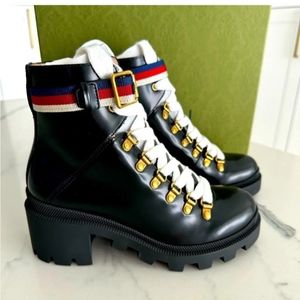 GUCCI SYLVIE WEB COMBAT BOOTS BLACK LEATHER